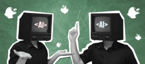 Apple logo surrounded by translation symbols and privacy icons, representing Apple's AI translation technology