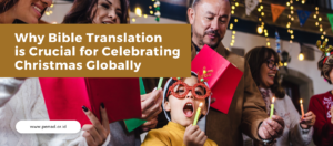 A multicultural group celebrates Christmas around a nativity scene, with people in traditional clothing, decorated trees, candles, and carol singing in various languages