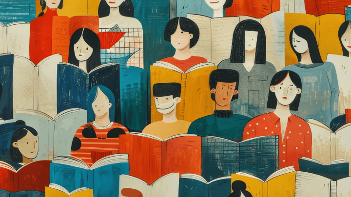 An image showing a translator working on a manuscript at a dimly lit desk, with papers and notes scattered around, but their face is blurred out. In the background, a prestigious award ceremony highlights authors and creators, but the translator’s contributions are unseen, symbolizing the lack of recognition translators often face.