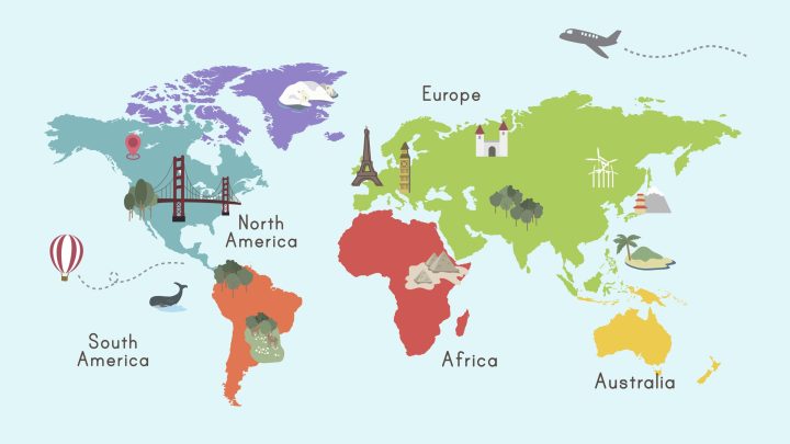 Illustration depicting a map world with labels showing multiple names for a country, symbolizing the concept of a country having various names.