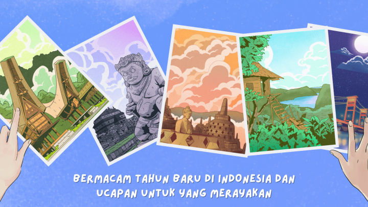 Lima kartu pos bergambar yang menampilkan berbagai landmark dan perayaan budaya Indonesia, termasuk rumah tradisional Toraja, patung candi kuno, candi Borobudur, setting rumah pohon tropis, dan Jembatan Golden Gate di malam hari, disusun dalam satu baris dengan tangan yang memegang kartu-kartu tersebut berlatar belakang biru.