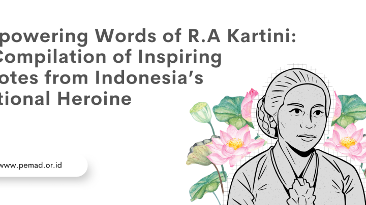 Illustration of R.A. Kartini with pink lotus flowers and a quote title in English about her inspiring words.