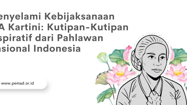 Ilustrasi R.A. Kartini dengan bunga teratai merah muda dan judul kutipan inspiratif dalam Bahasa Indonesia.
