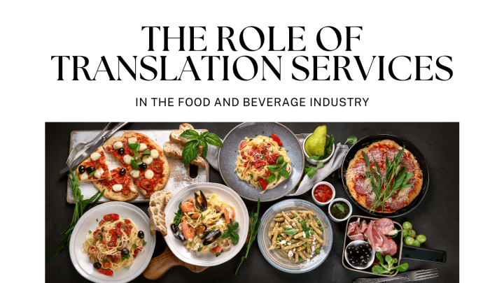 Illustration depicting translation services in the food and beverage industry with diverse food items and language symbols.