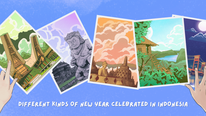 Five illustrated postcards showing different Indonesian cultural landmarks and celebrations, including Toraja traditional houses, ancient temple statues, Borobudur temple, a tropical treehouse setting, and the Golden Gate Bridge at night, arranged in a row with hands holding them against a blue background. Text below reads 'Different kinds of new year celebrated in Indonesia