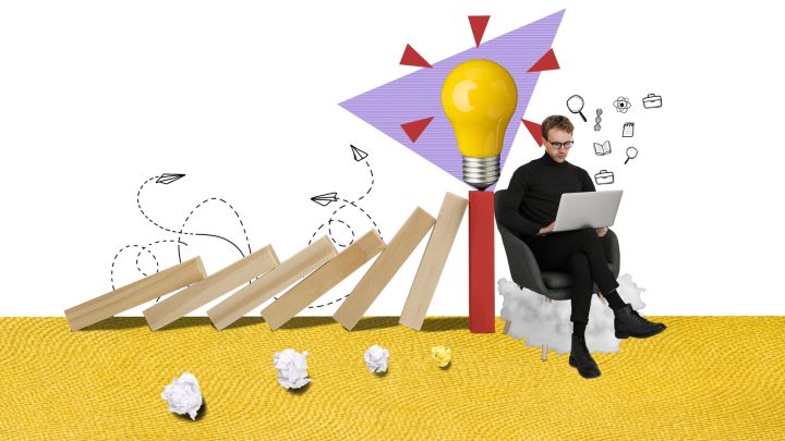 Illustration of a person breaking through a creative block with various strategies and tools surrounding them.